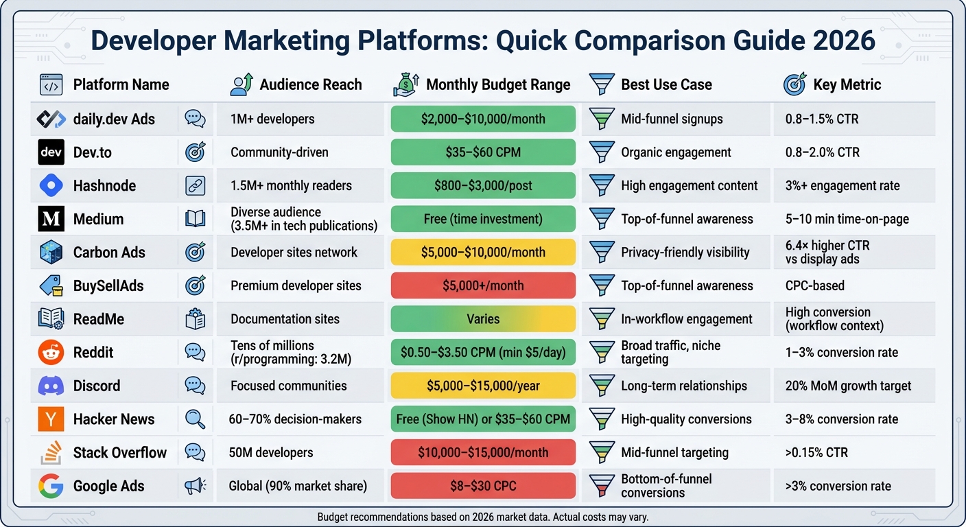 Developer Marketing Platforms Comparison 2026: Budget, Reach, and Use Cases