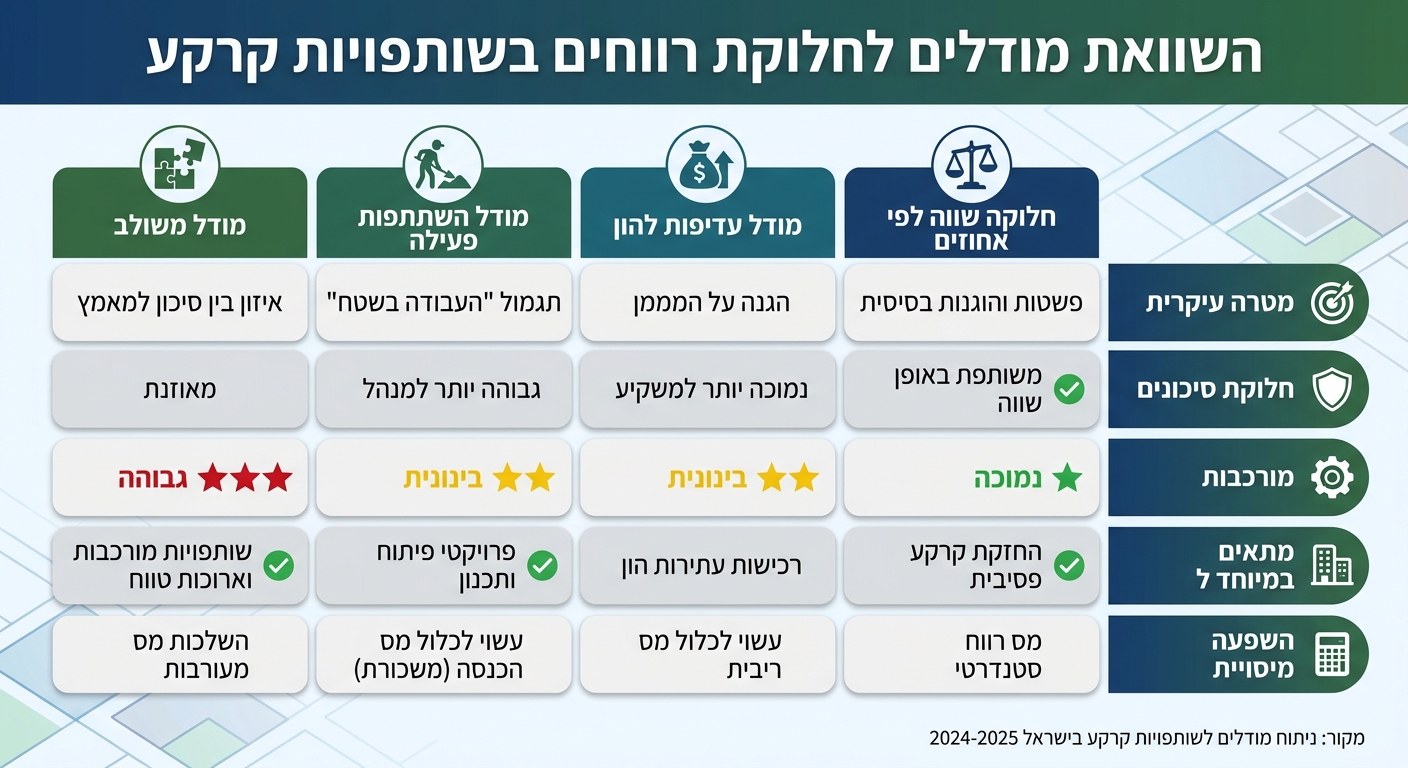 השוואת 4 מודלים לחלוקת רווחים בשותפויות קרקע - יתרונות וחסרונות