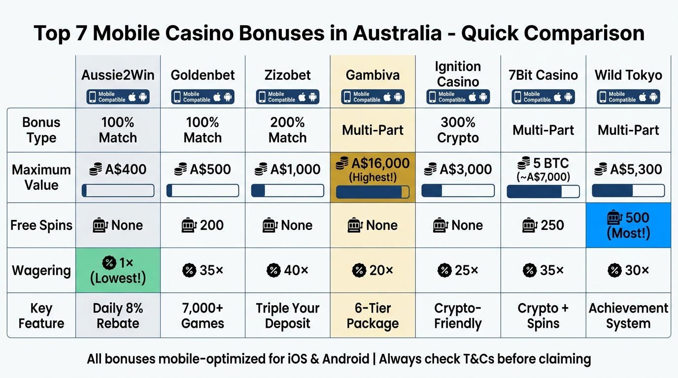 Top 7 Mobile Casino Bonuses Australia Comparison Chart