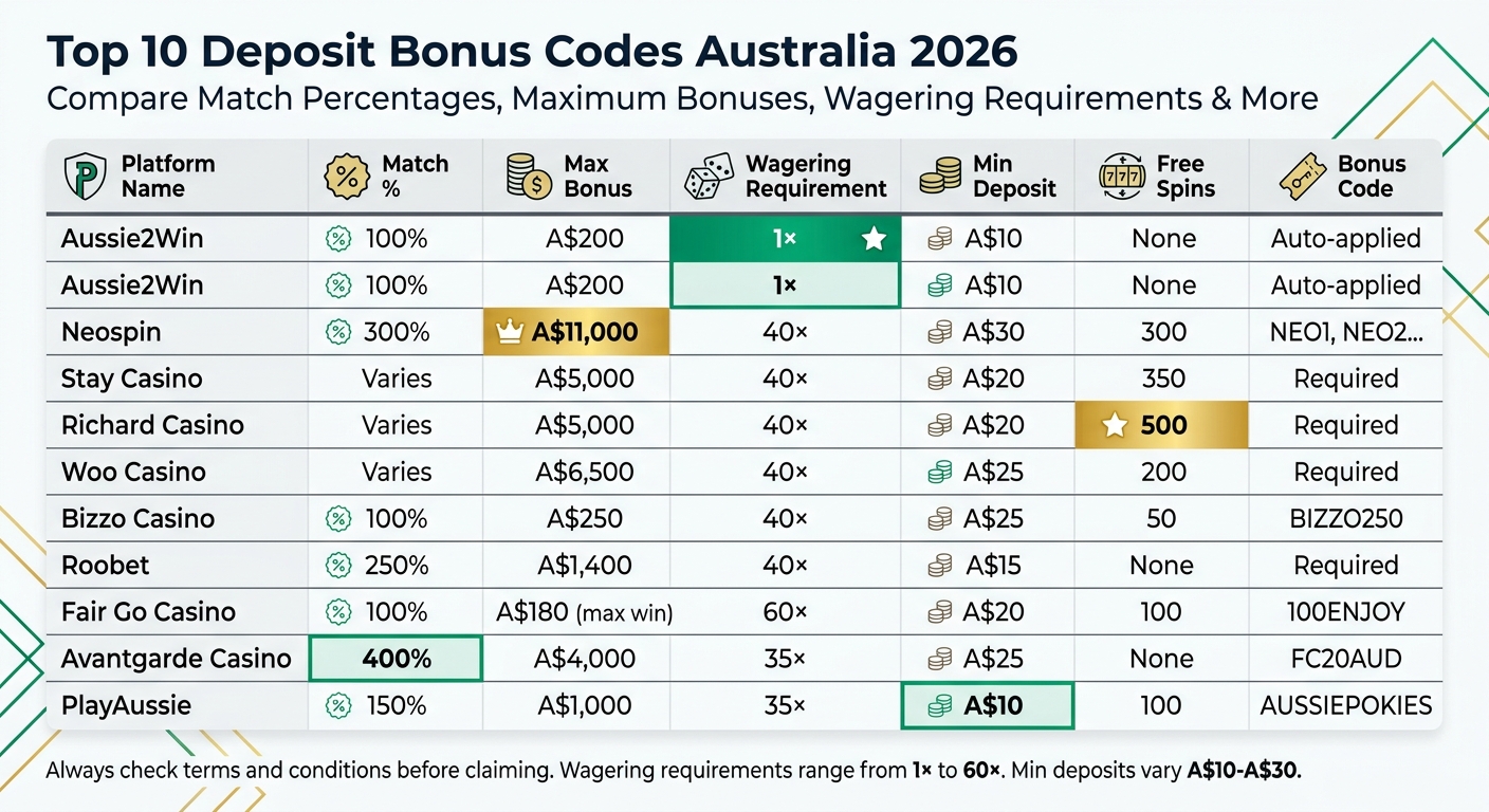 Top 10 Australian Casino Deposit Bonus Codes 2026 Comparison