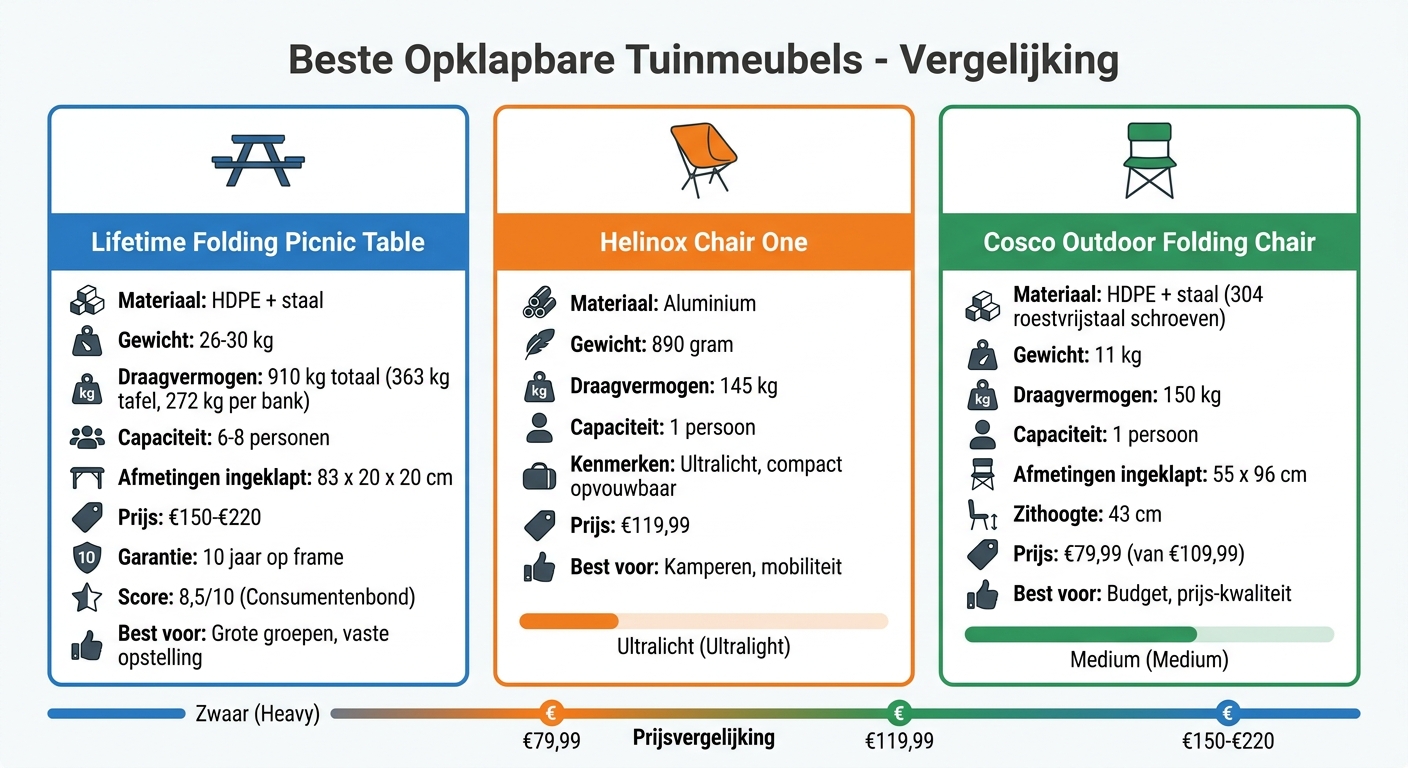 Vergelijking opklapbare tuinmeubels: specificaties en prijzen