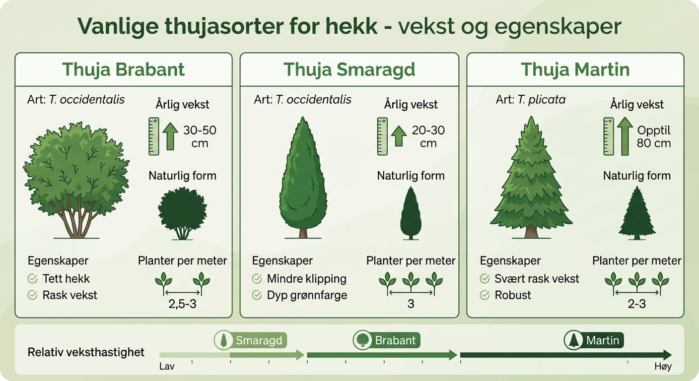 Sammenligning av vanlige thujasorter for hekk - vekst og egenskaper