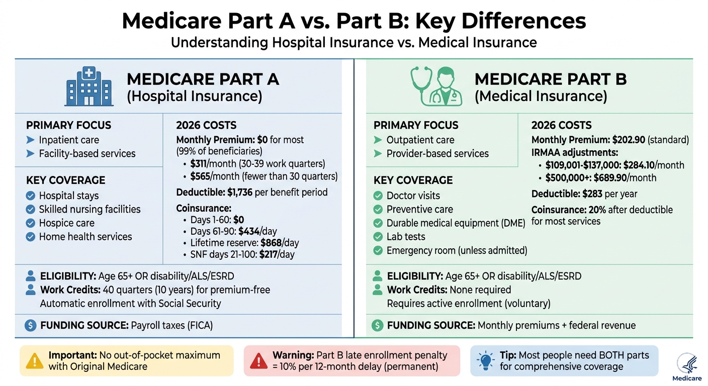 Medicare Part A vs Part B: Coverage & Costs