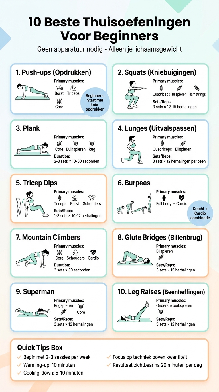 10 beste thuisoefeningen voor beginners met spiergroepen