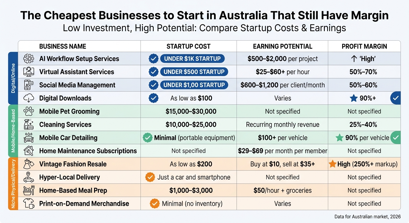 11 Low-Cost Business Ideas in Australia: Startup Costs, Earnings & Profit Margins Comparison