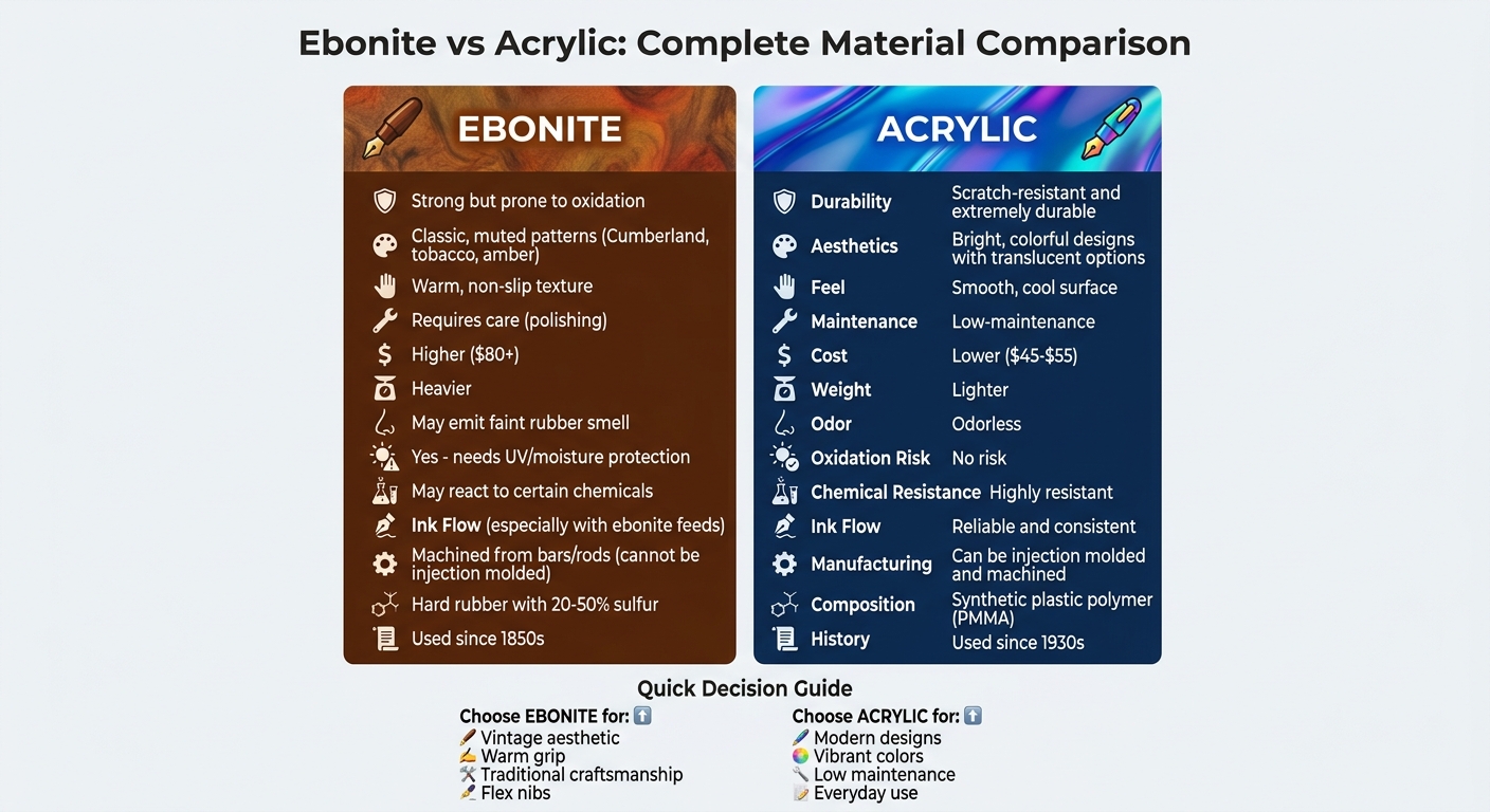 Ebonite vs Acrylic Fountain Pen Materials Comparison Chart