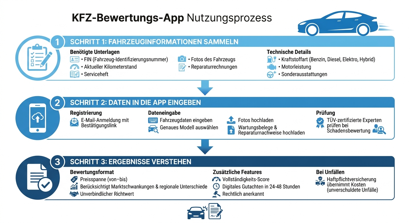KFZ-Bewertungs-App: 3-Schritt-Prozess zur Fahrzeugbewertung