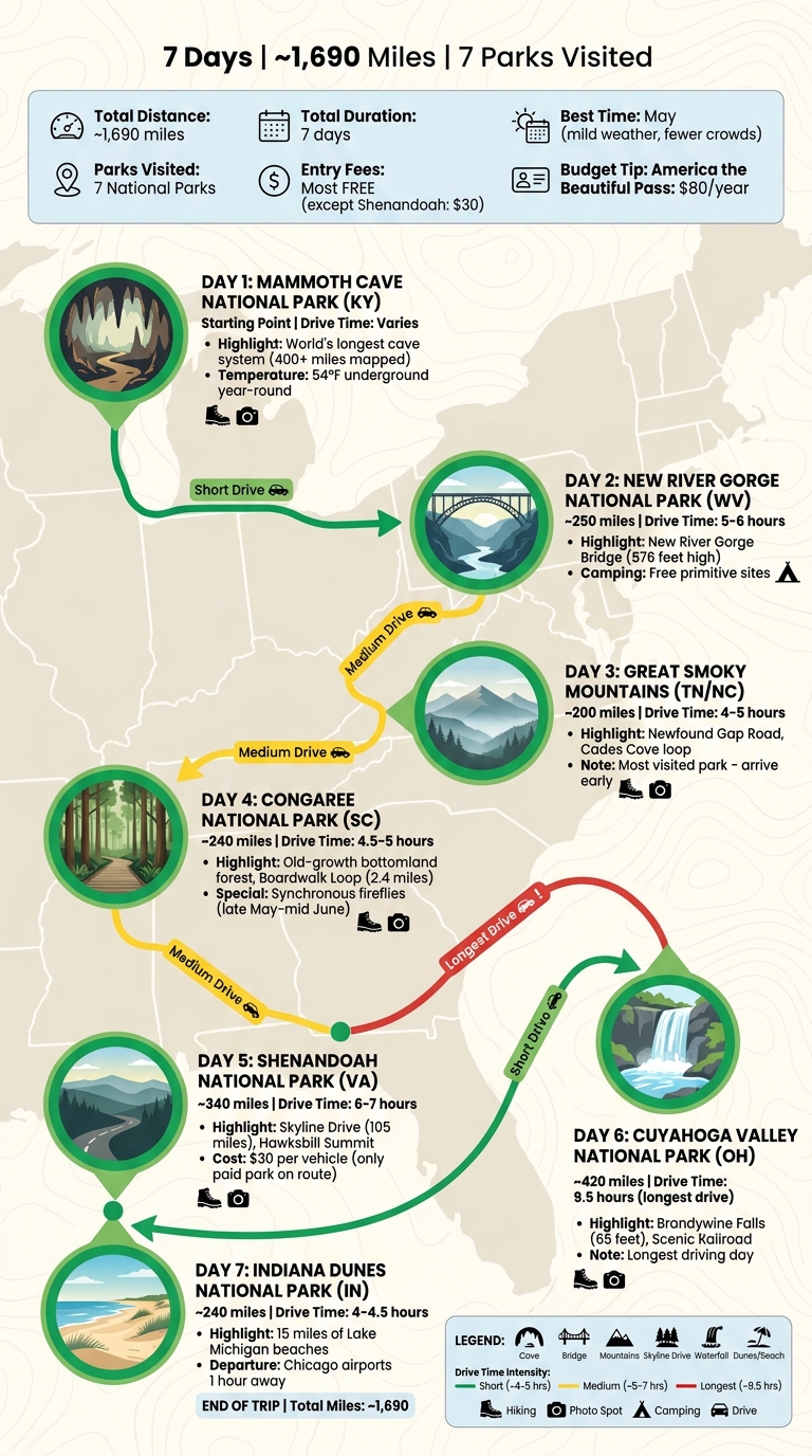 7-Day Eastern US National Parks Road Trip Itinerary Map