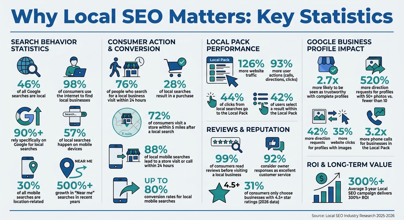 Chart displaying Local SEO statistics and the impact of service pages on business performance and foot traffic.