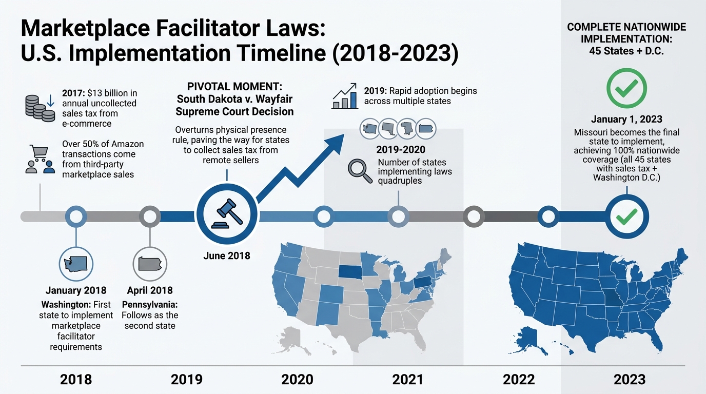 Timeline of U.S. Marketplace Facilitator Laws Implementation 2018-2023