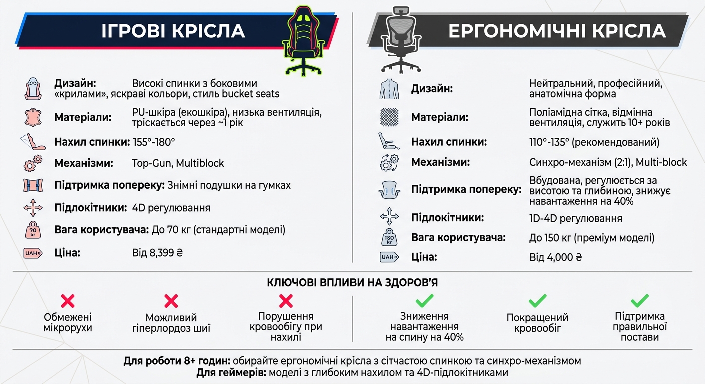 Порівняння ігрових та ергономічних крісел: характеристики та відмінності