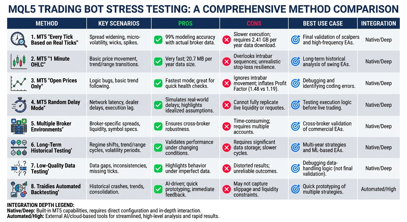 MQL5 Stress Testing Methods Comparison: Pros, Cons, and Best Use Cases