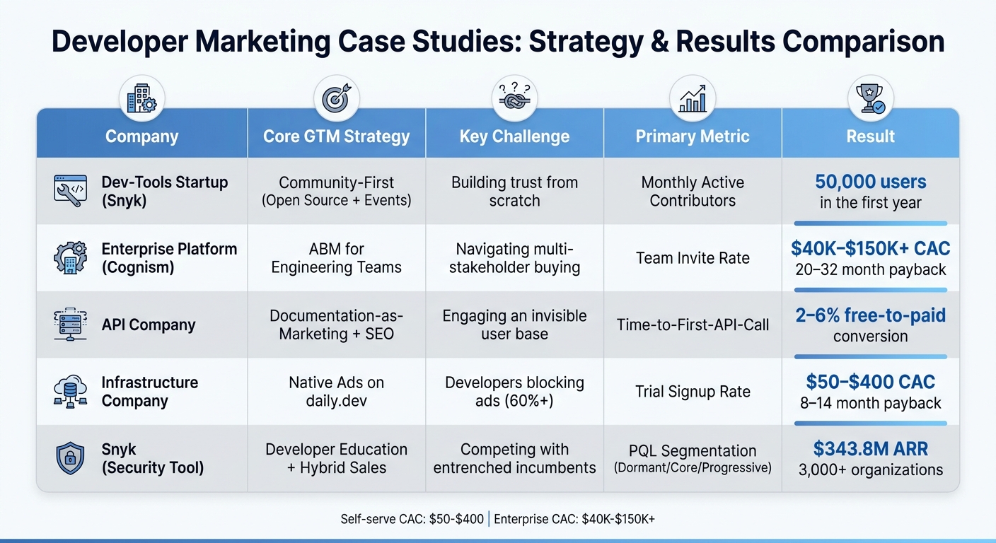 Developer Marketing GTM Strategies: 5 B2B Case Study Results Comparison