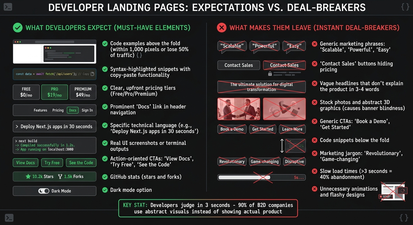 Developer Landing Page Must-Haves vs Deal-Breakers Comparison