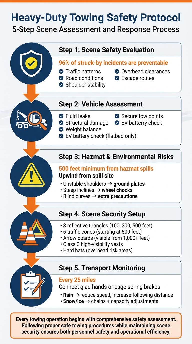 Heavy-Duty Towing Safety Protocol: 5-Step Scene Assessment and Response Process