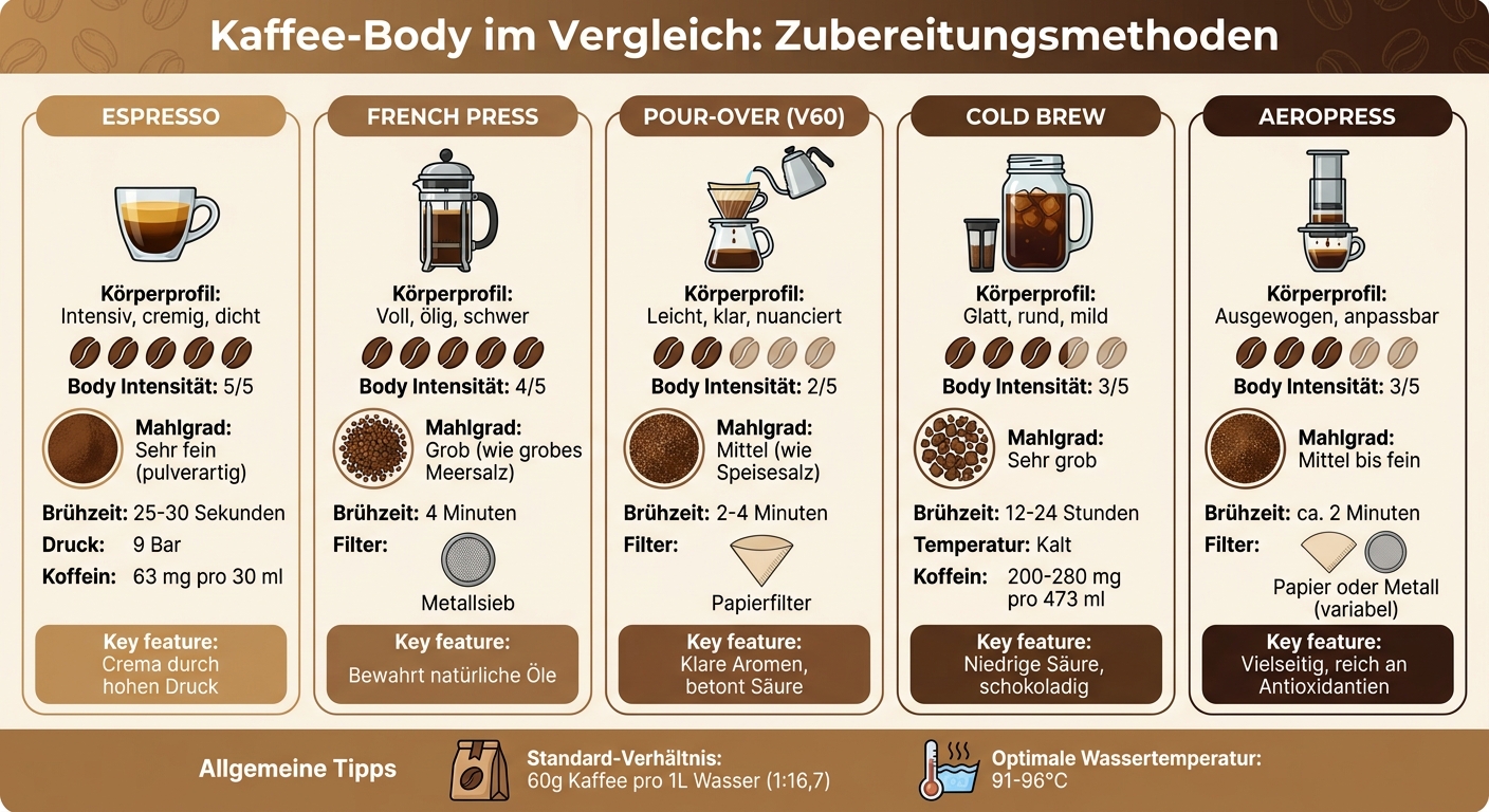 Kaffee-Body Vergleich: 5 Zubereitungsmethoden mit Mahlgrad und Brühzeit