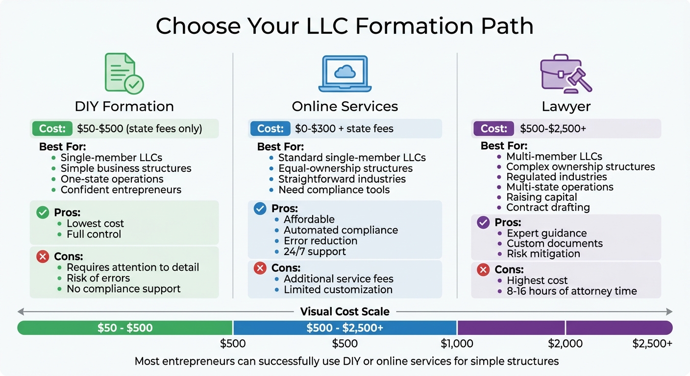 LLC Formation Options: DIY vs Online Service vs Lawyer Cost Comparison