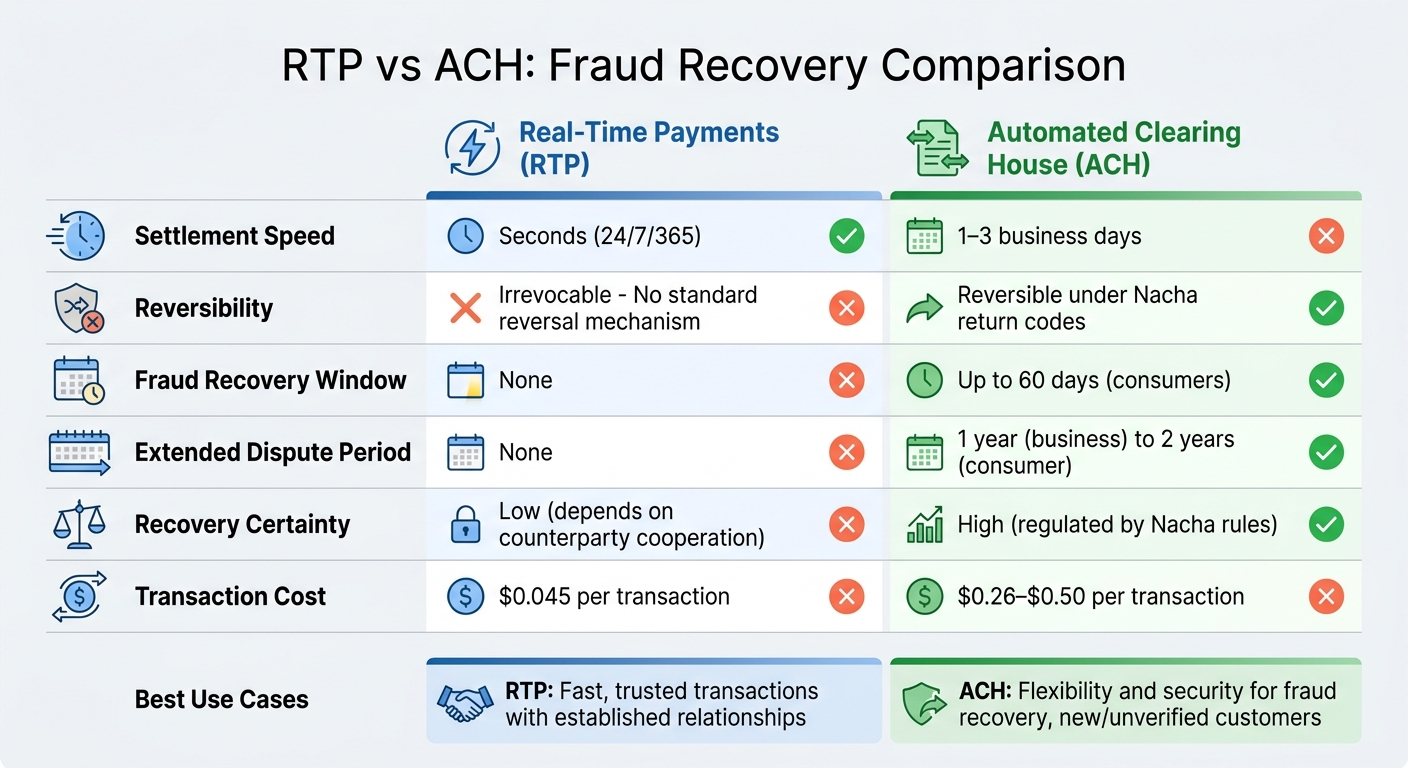 RTP vs ACH Fraud Recovery Comparison Chart