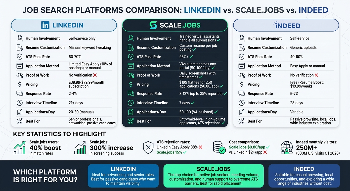 LinkedIn vs Scale.jobs vs Indeed: Job Search Platform Comparison 2026