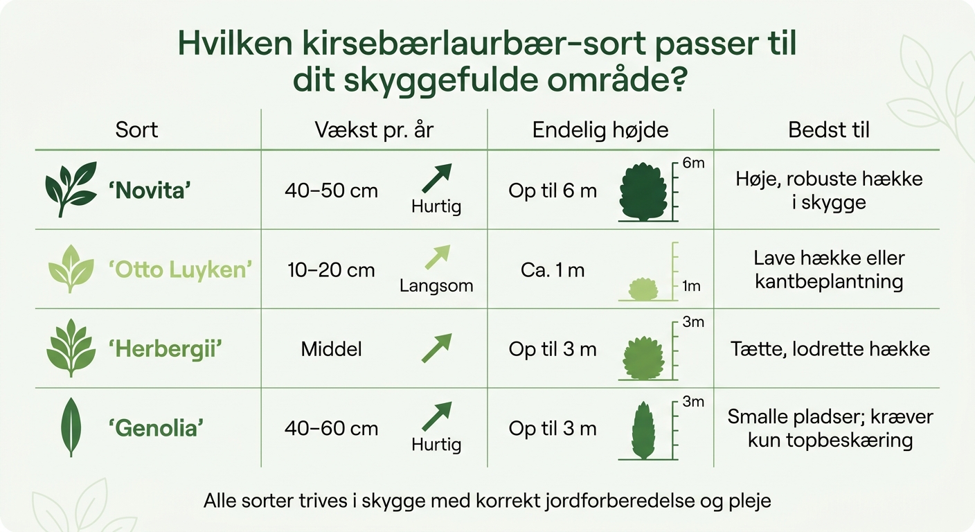 Sammenligning af kirsebærlaurbær-sorter til skygge: vækst og højde