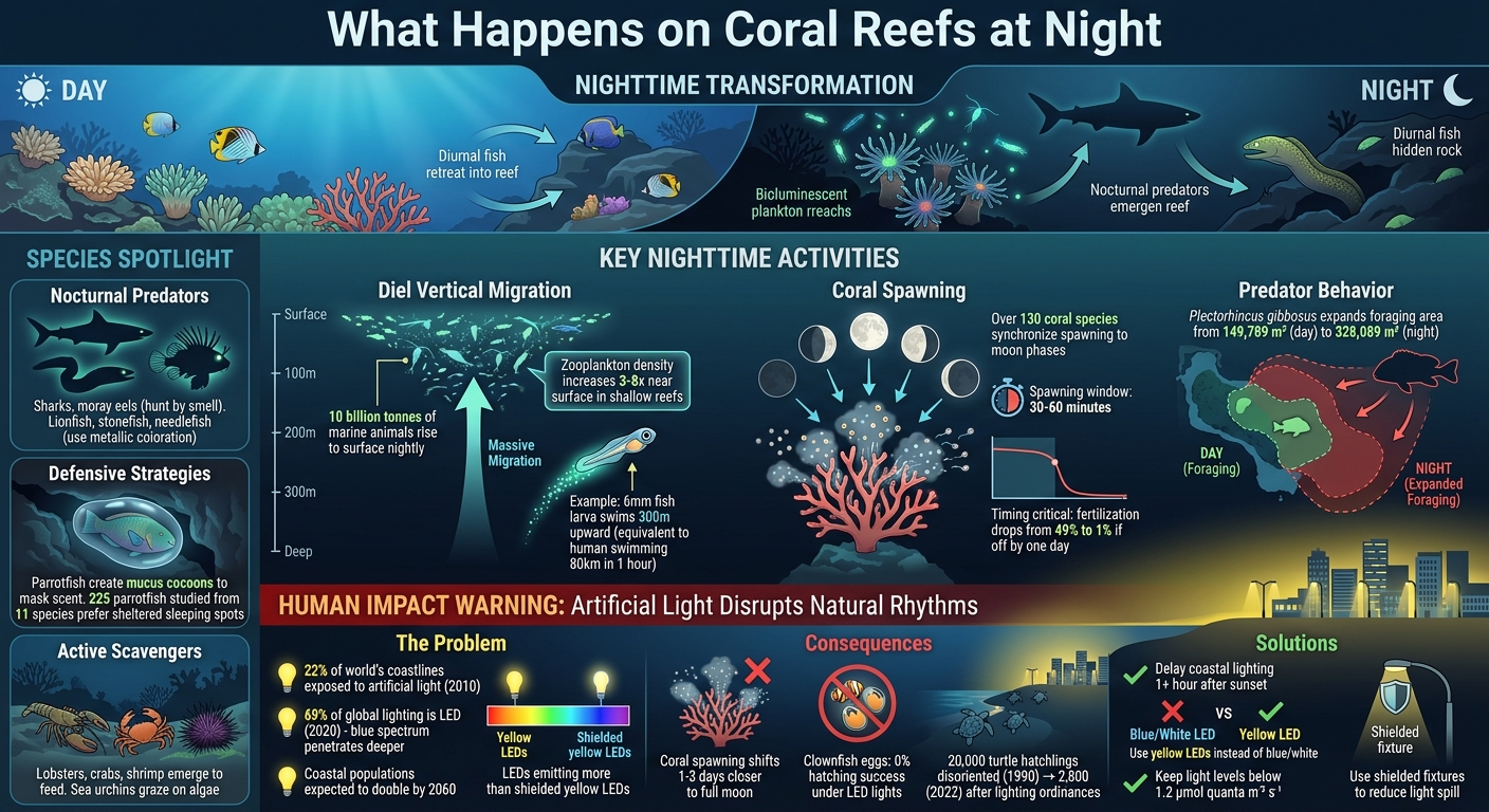 Nocturnal Coral Reef Ecosystem: Key Activities and Species Behavior at Night