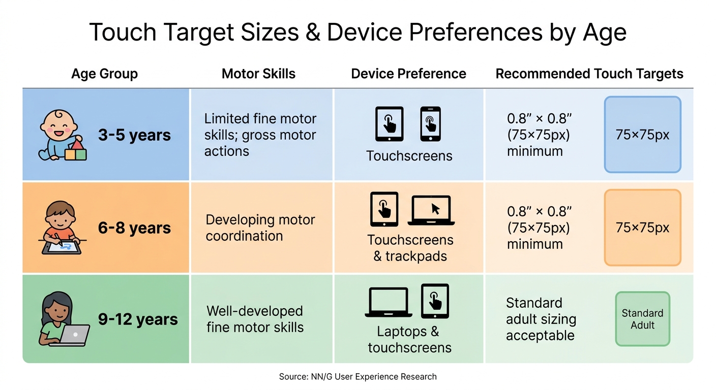 Touch Target Sizes and Device Preferences by Age Group for Kids