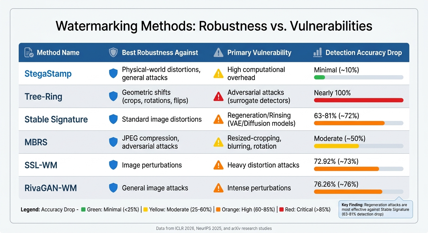 Watermarking Methods Performance Comparison: Robustness and Vulnerabilities