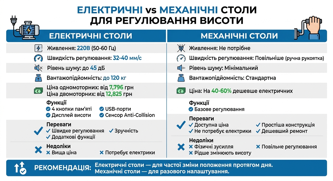 Порівняння електричних та механічних столів з регулюванням висоти