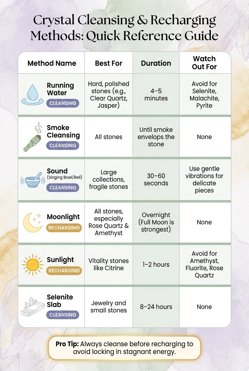 Crystal Cleansing & Recharging Methods: Quick Reference Guide