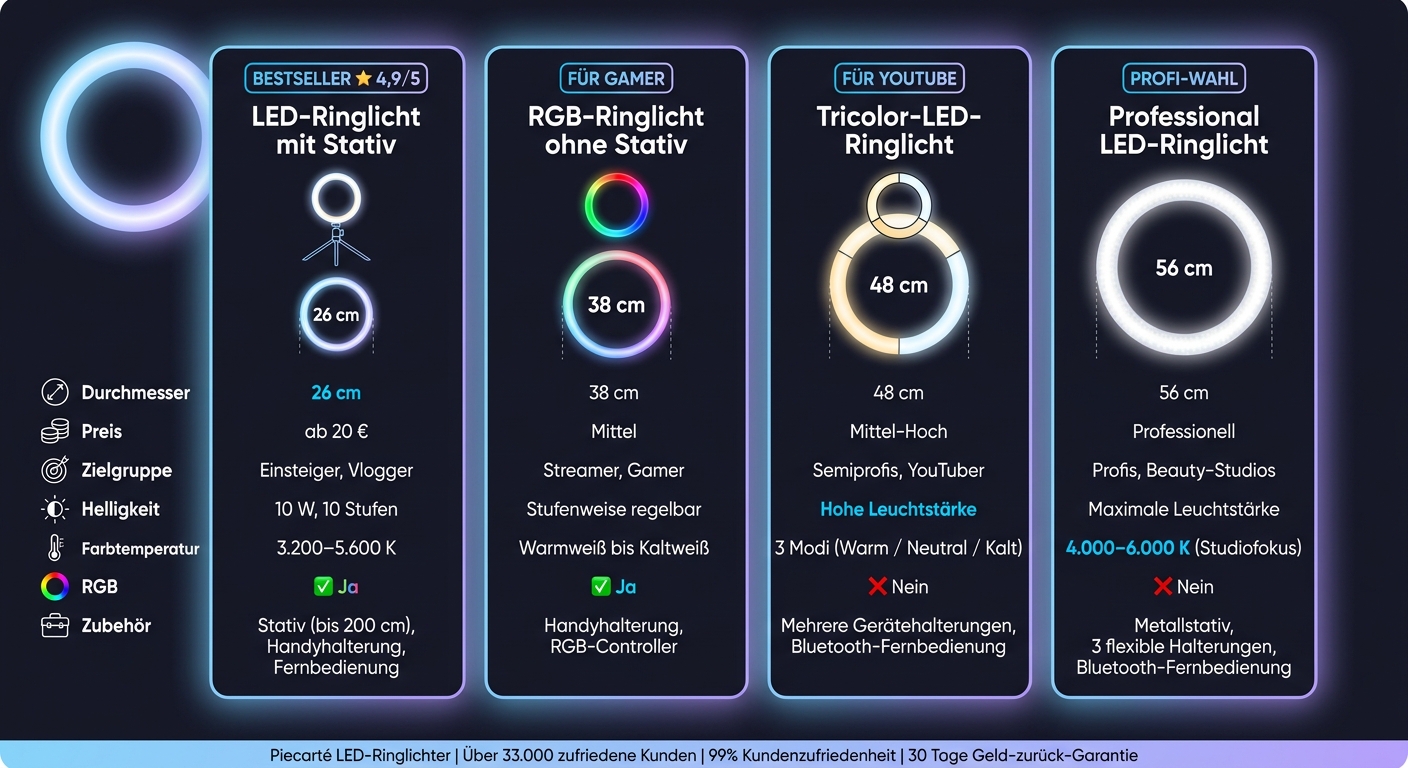 LED Ring Light Comparison: All Piecarté Models at a Glance