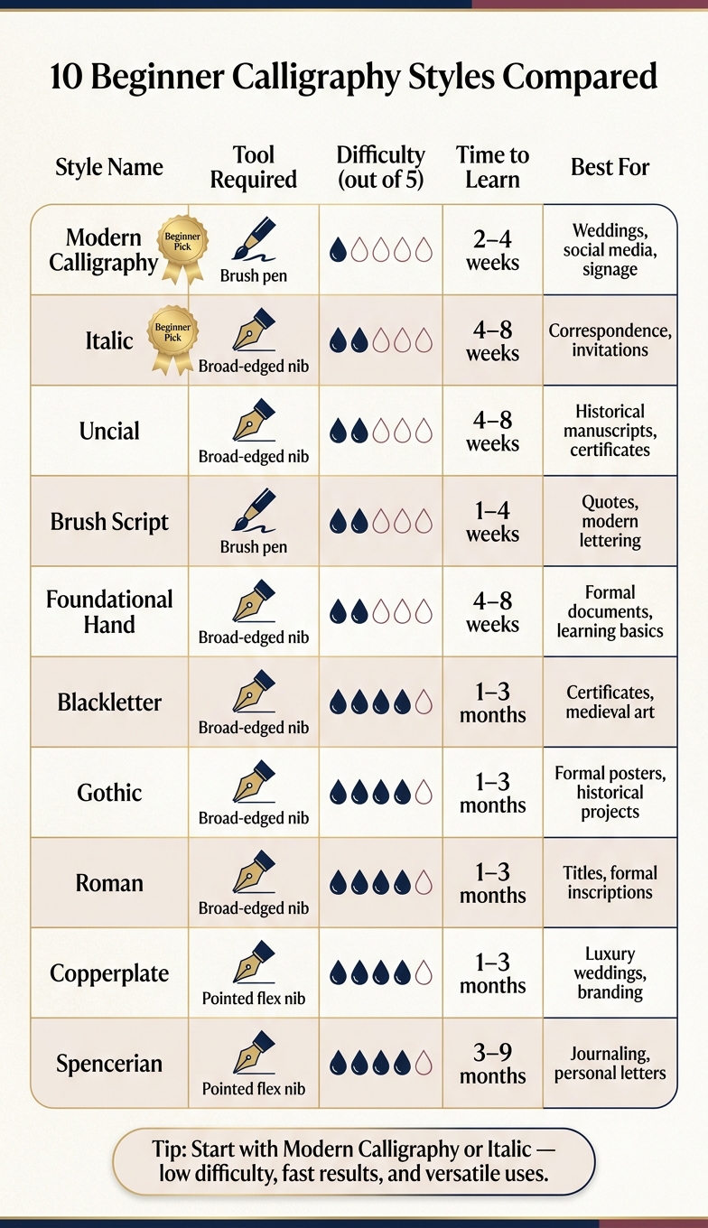 10 Beginner Calligraphy Styles Compared: Tools, Difficulty & Uses