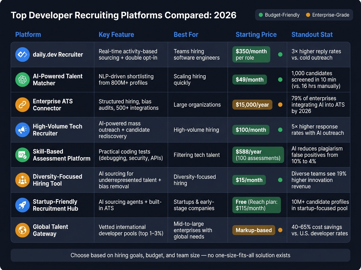 Top Developer Recruiting Platforms Compared: 2026 Quick Reference Guide