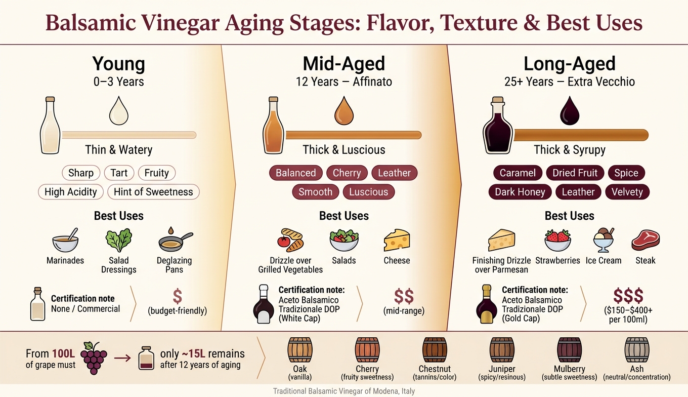 Balsamic Vinegar Aging Stages: Flavor, Texture & Best Uses
