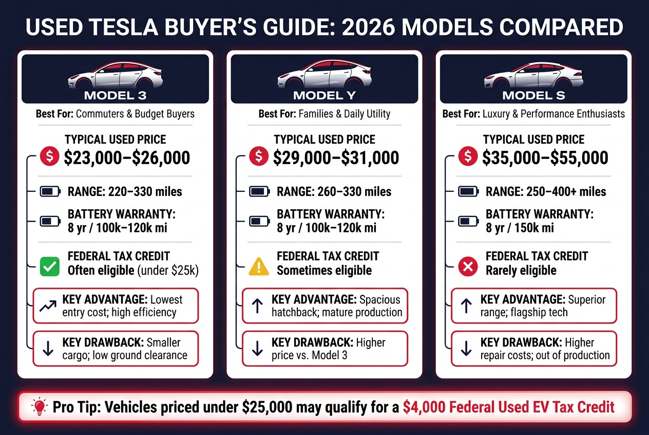 Used Tesla Model 3 vs Model Y vs Model S: 2026 Buyer's Guide