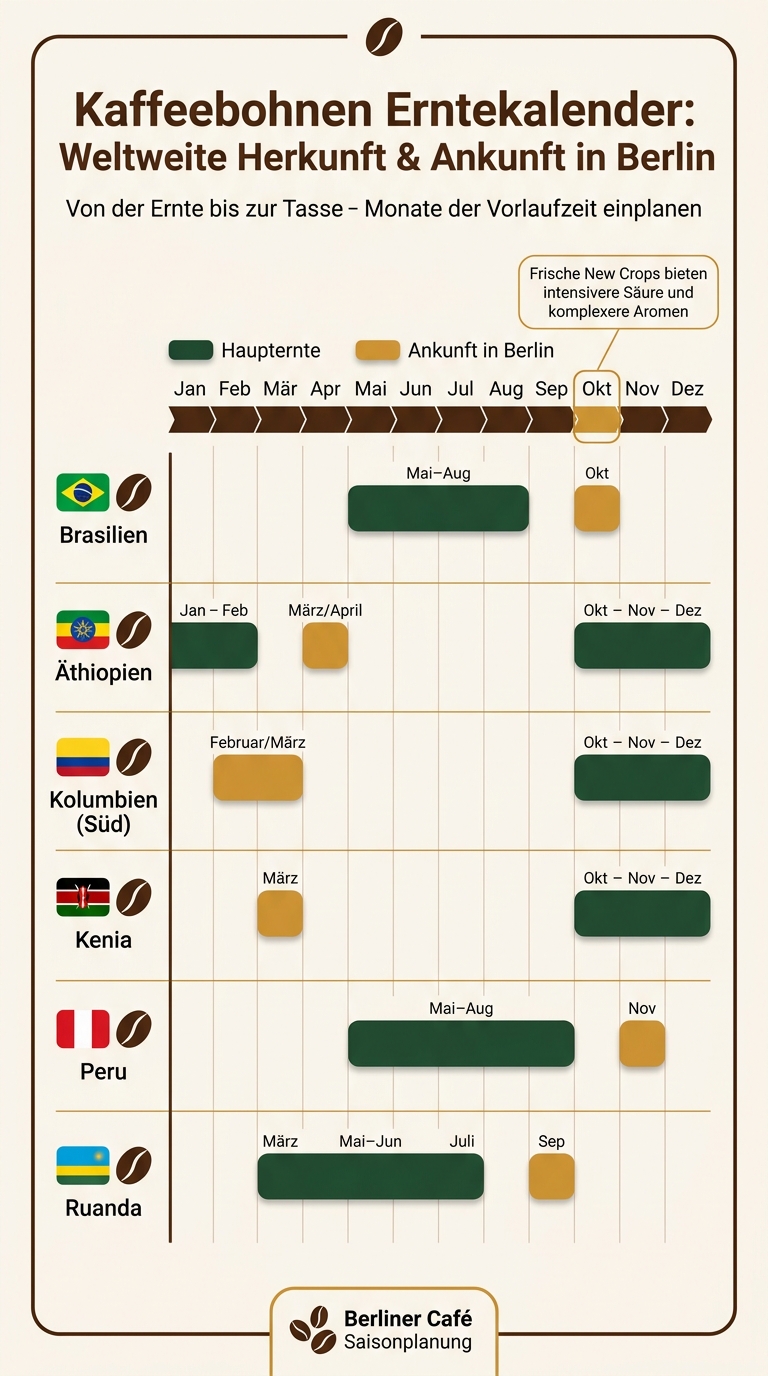 Kaffeebohnen Erntekalender: Weltweite Herkunft & Ankunft in Berlin