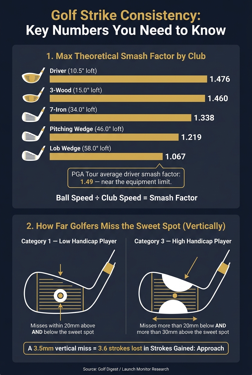 Golf Strike Consistency: Smash Factor & Vertical Miss Data by Club & Skill Level