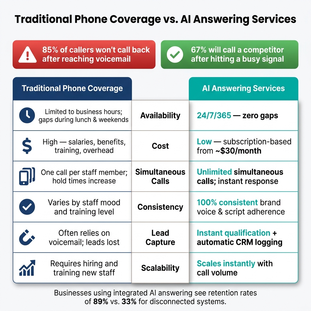 Traditional Phone Coverage vs. AI Answering Services: Key Differences