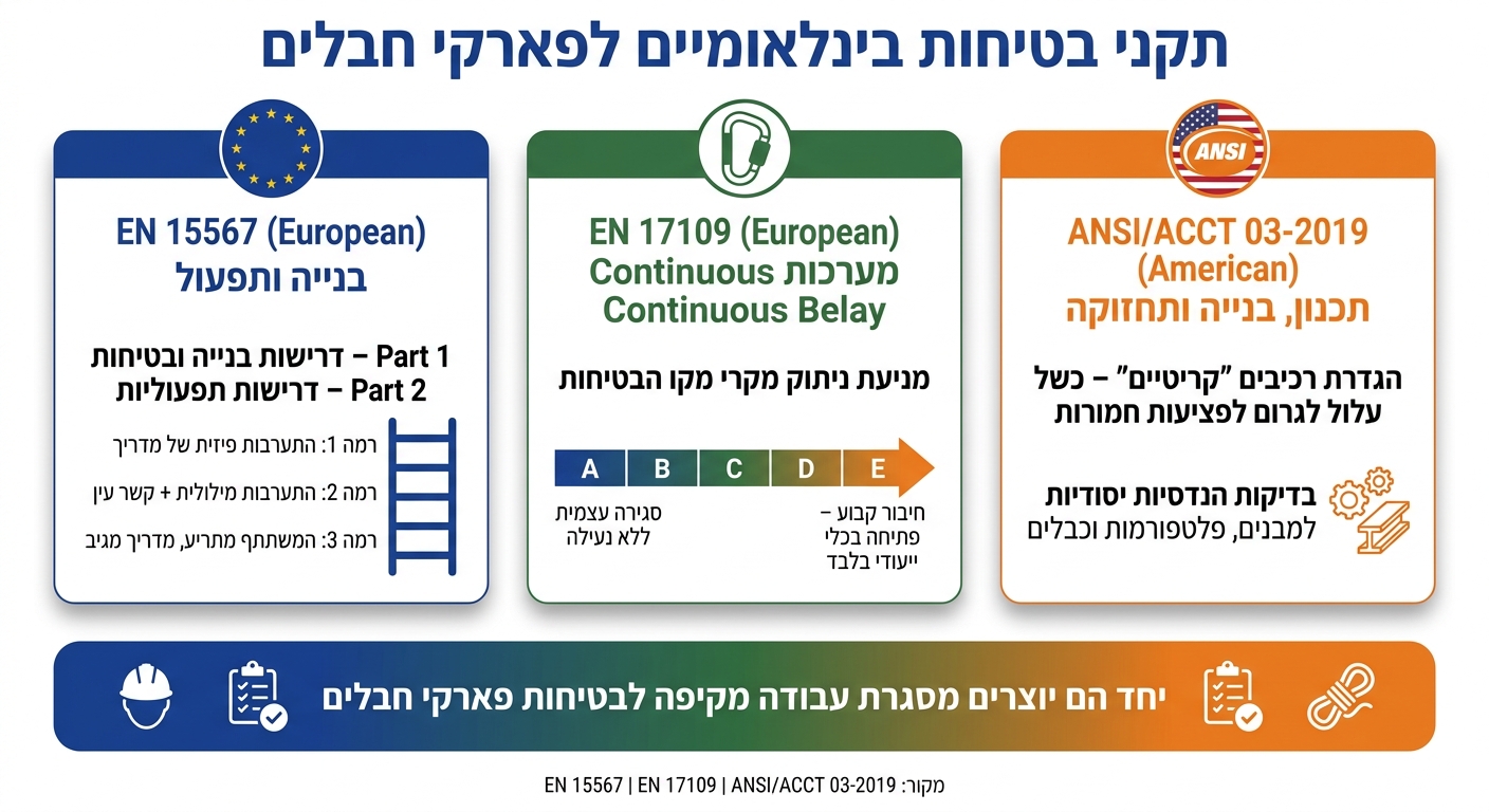 השוואת תקני בטיחות לפארקי חבלים: EN 15567, EN 17109, ANSI/ACCT
