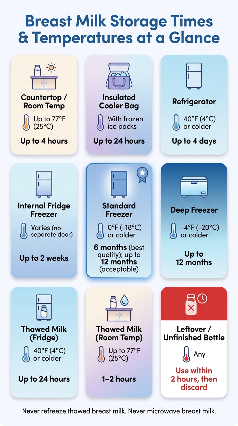 Breast Milk Storage Times & Temperatures at a Glance