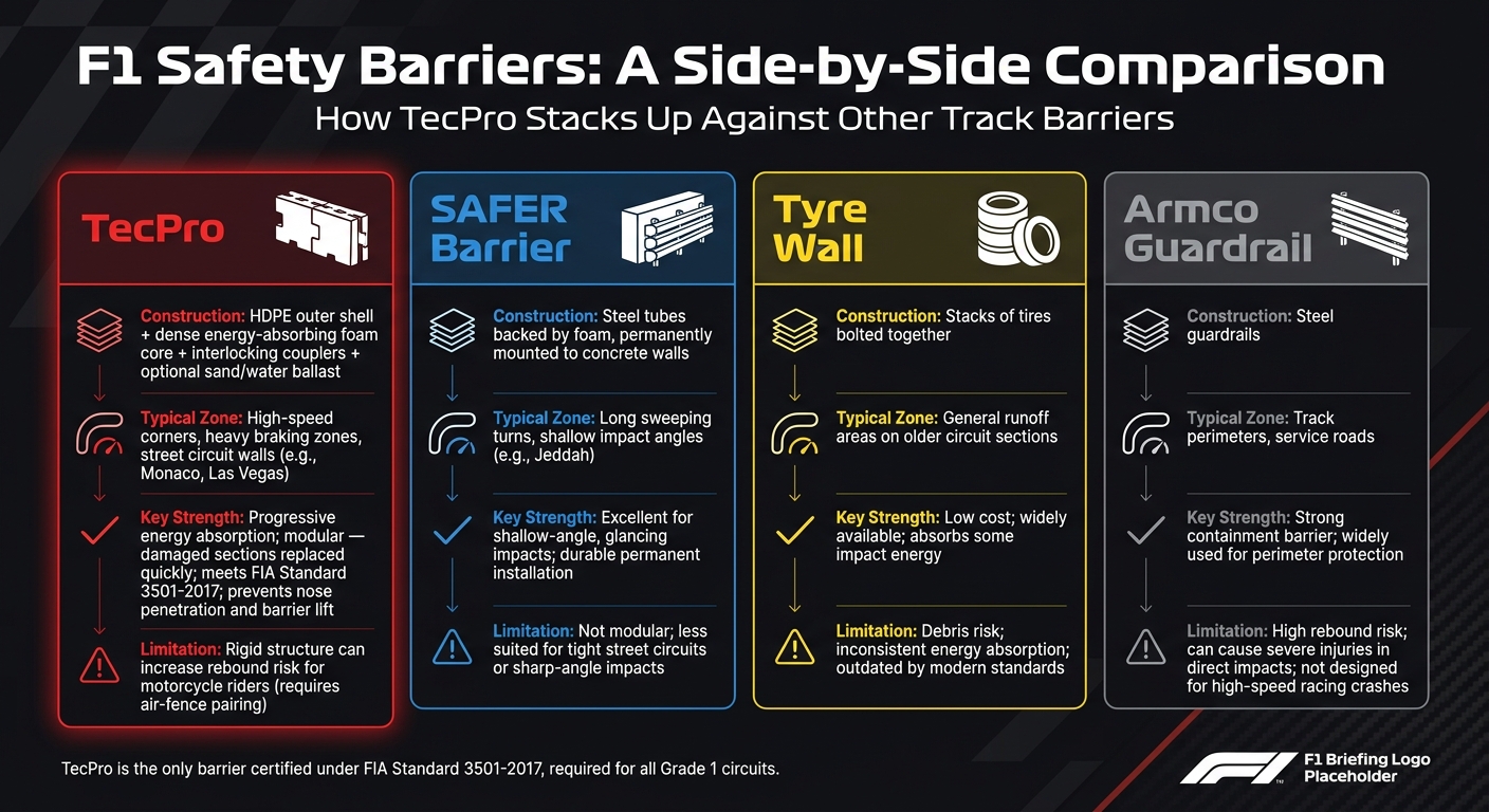 F1 Barrier Types Compared: TecPro vs SAFER vs Tyre Wall vs Armco