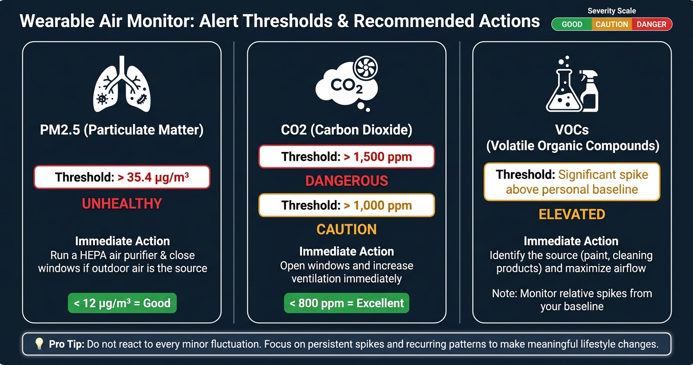 Wearable Air Monitor Alert Thresholds & Actions: PM2.5, CO2 & VOCs