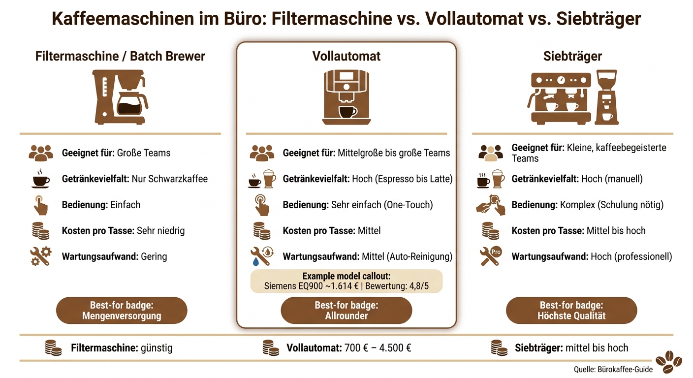 Kaffeemaschinen im Büro: Filtermaschine vs. Vollautomat vs. Siebträger