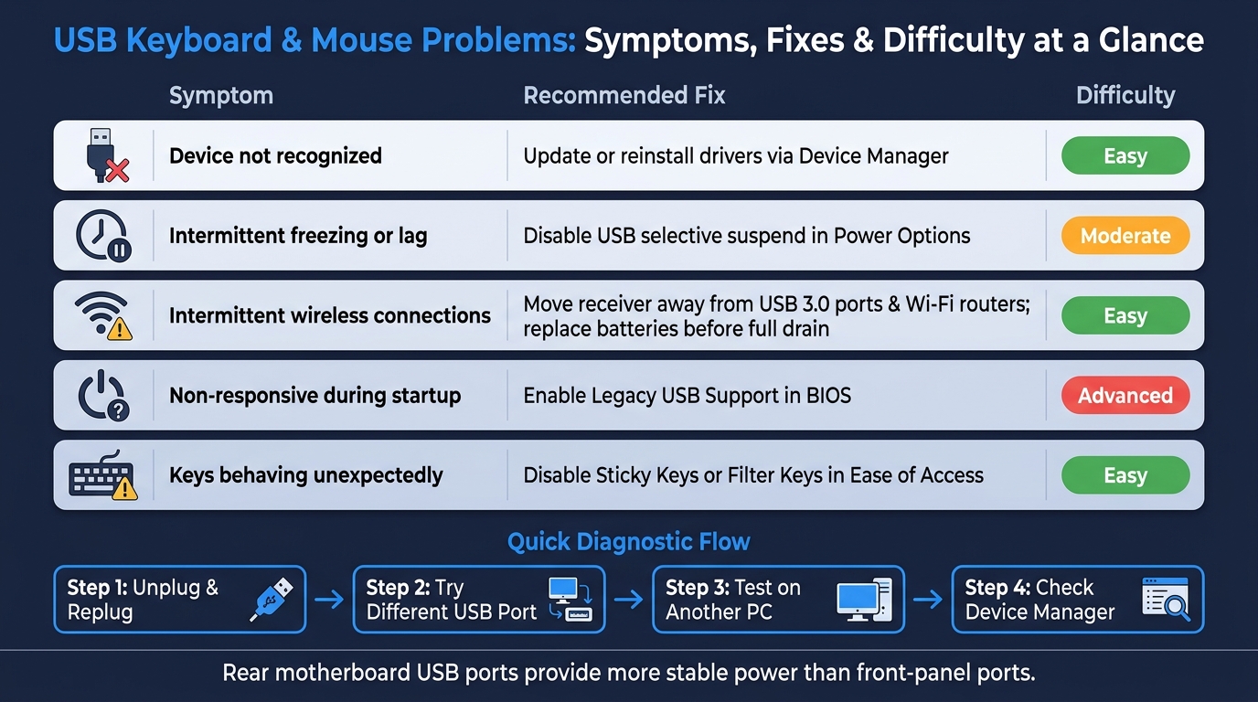 USB Keyboard & Mouse Problems: Symptoms, Fixes & Difficulty at a Glance