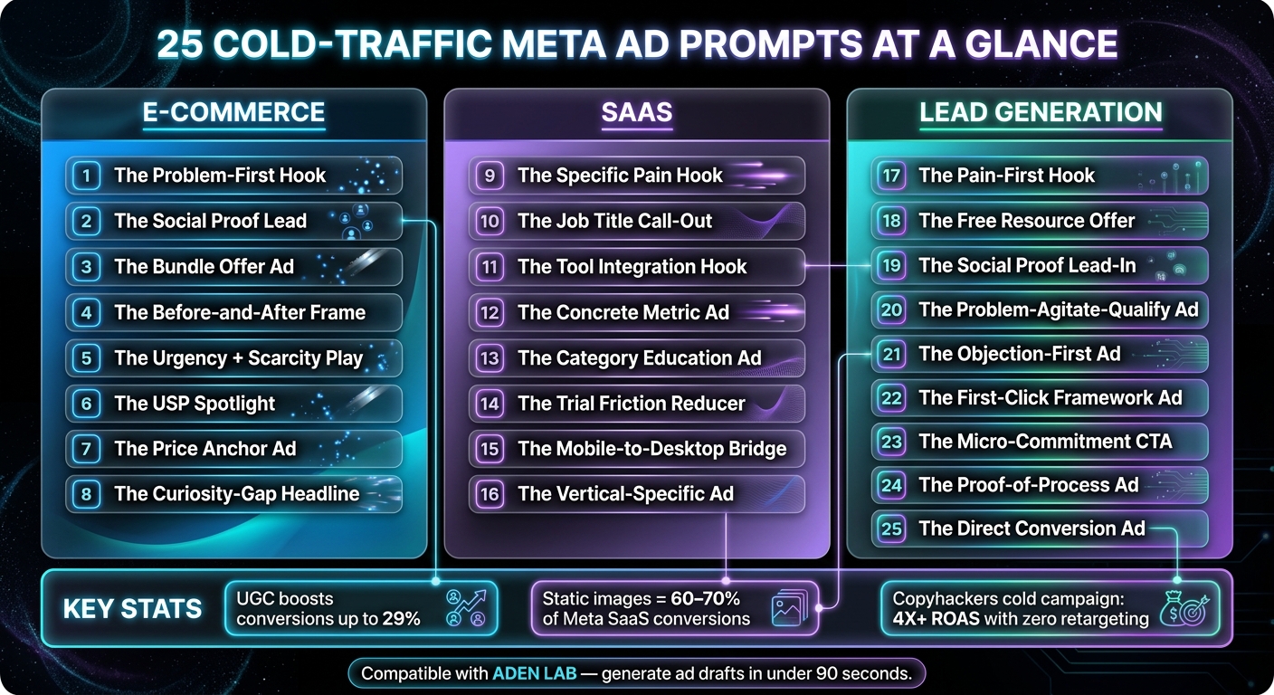 25 Cold-Traffic Meta Ad Prompts: E-commerce vs SaaS vs Lead Gen