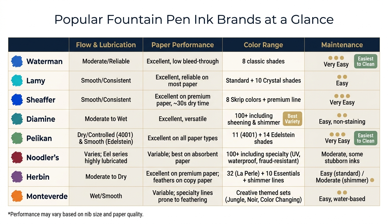 Popular Fountain Pen Ink Brands Compared: Flow, Color & Maintenance