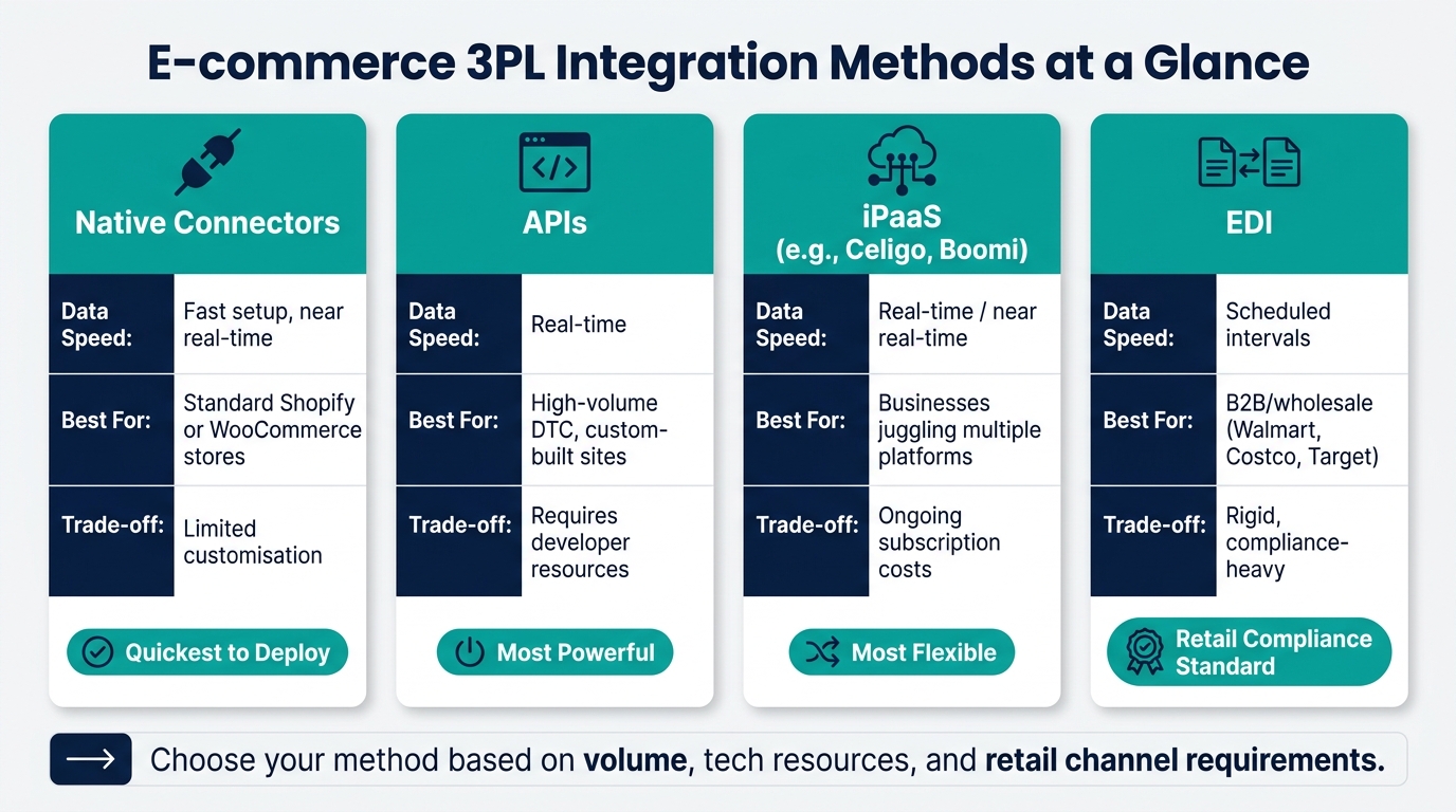 E-commerce 3PL Integration Methods Compared: APIs, EDI, iPaaS & Native Connectors