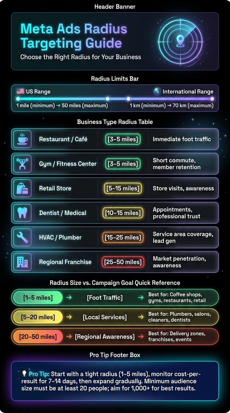 Meta Ads Radius Targeting: Business Type vs. Recommended Radius Cheat Sheet