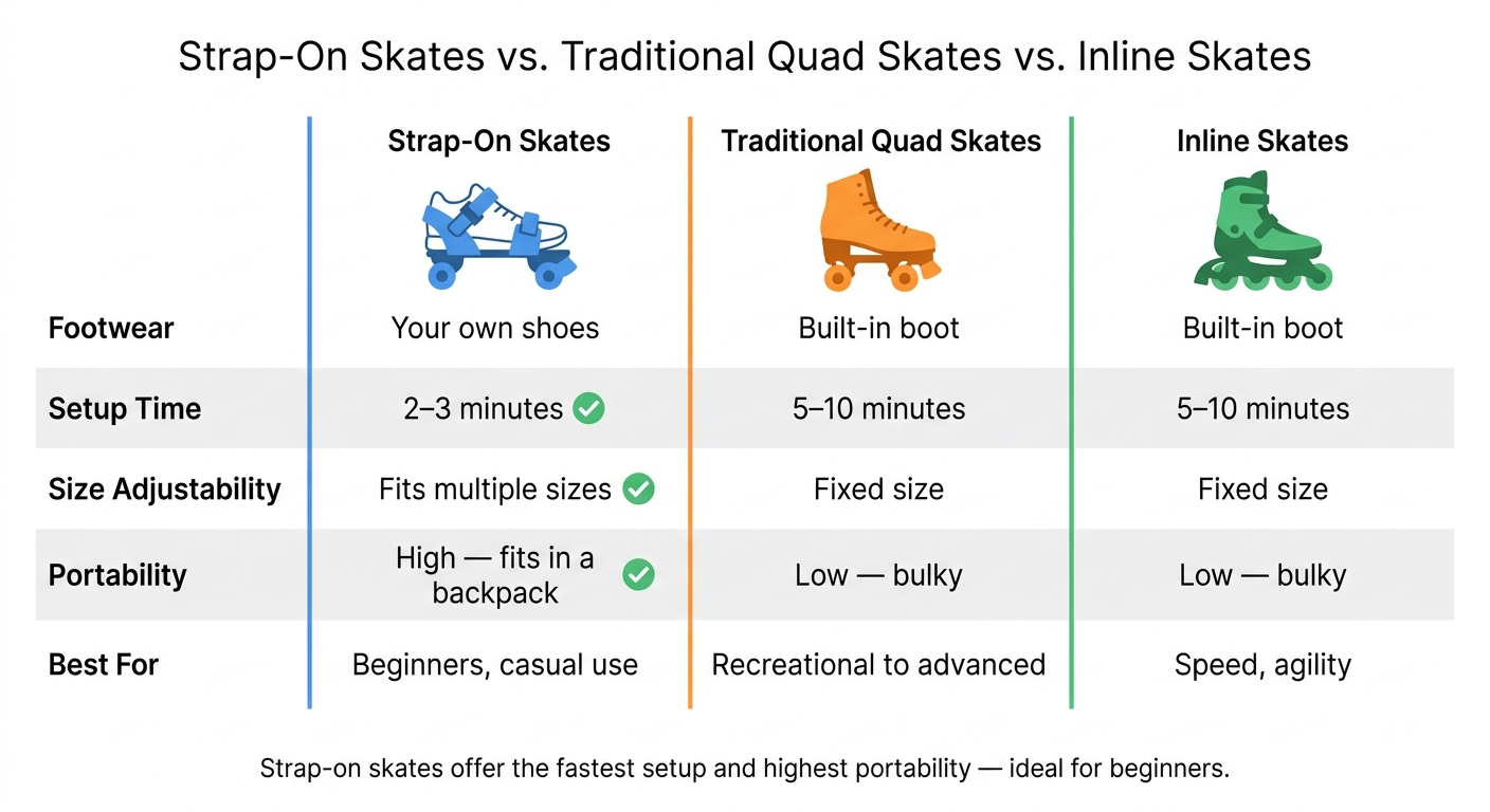 Strap-On Skates vs. Traditional Quad Skates vs. Inline Skates: Feature Comparison