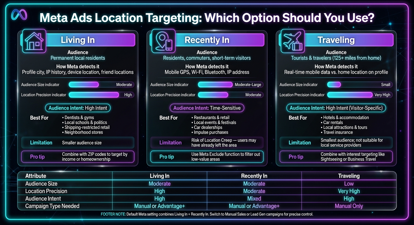 Meta Ads Location Targeting: Living In vs Recently In vs Traveling