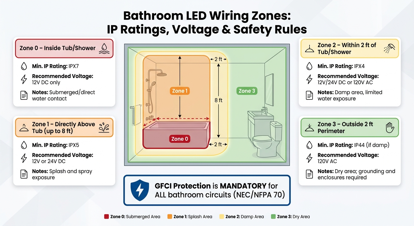 Bathroom LED Wiring Zones: IP Ratings, Voltage & Safety Rules